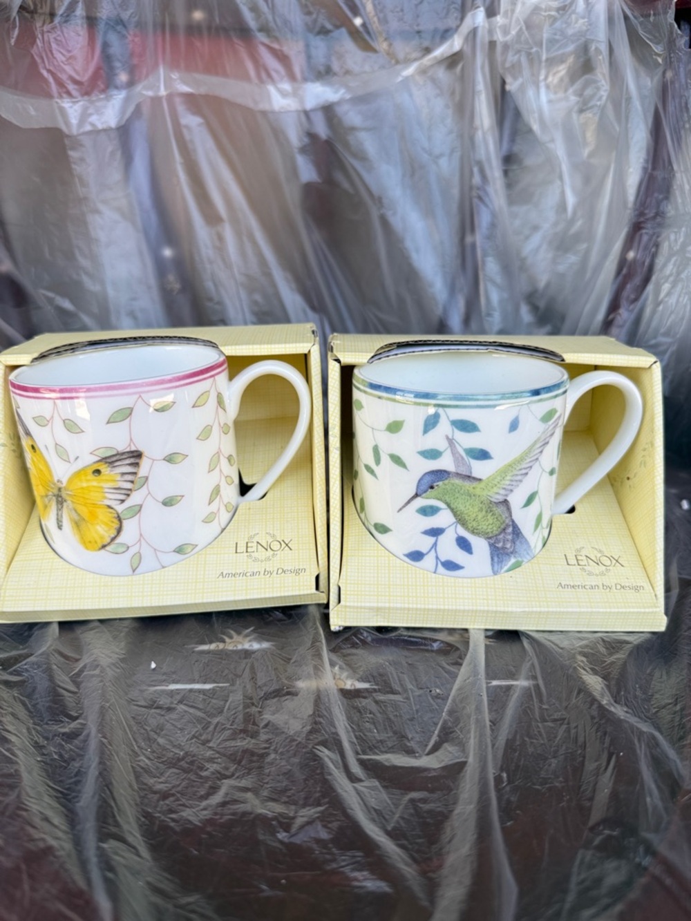 Lenox Hummingbird and Butterfly Porcelain Mugs in Green & Yellow